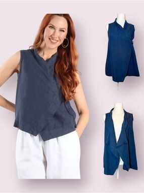 Bryan Walker Koryo Vest Wrap Top Lagenlook Linen Blue Size XS